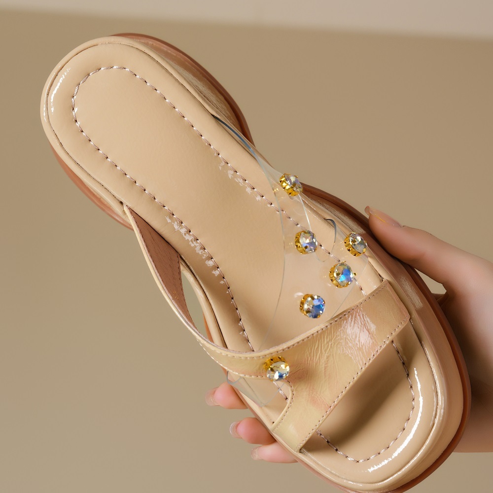 Women's Summer 9 CM Thick Platform Wedges Genuine Leather Slippers Rhinestones Patent Leather Crystals Sweet Fashion Sandals 60309