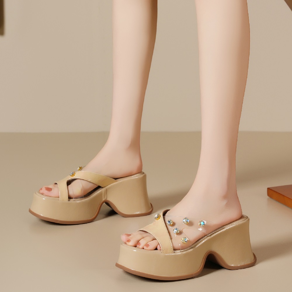 Women's Summer 9 CM Thick Platform Wedges Genuine Leather Slippers Rhinestones Patent Leather Crystals Sweet Fashion Sandals 60309