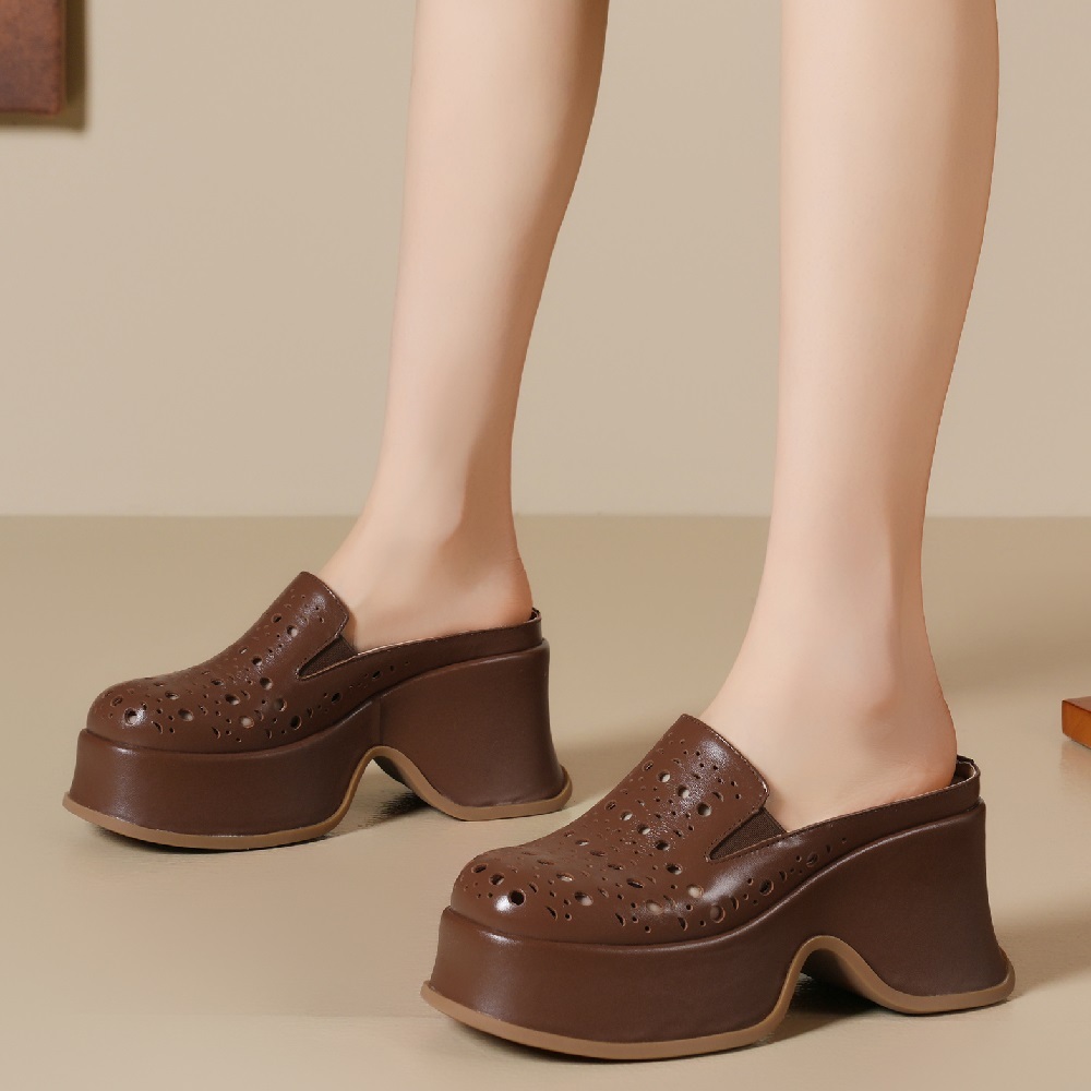 Women's Summer Fashion 9 CM Wedges Thick Platform Cut Out Breathable Closed The Toe Genuine Leather Mule Sandals Retro Open Back Slippers 60309