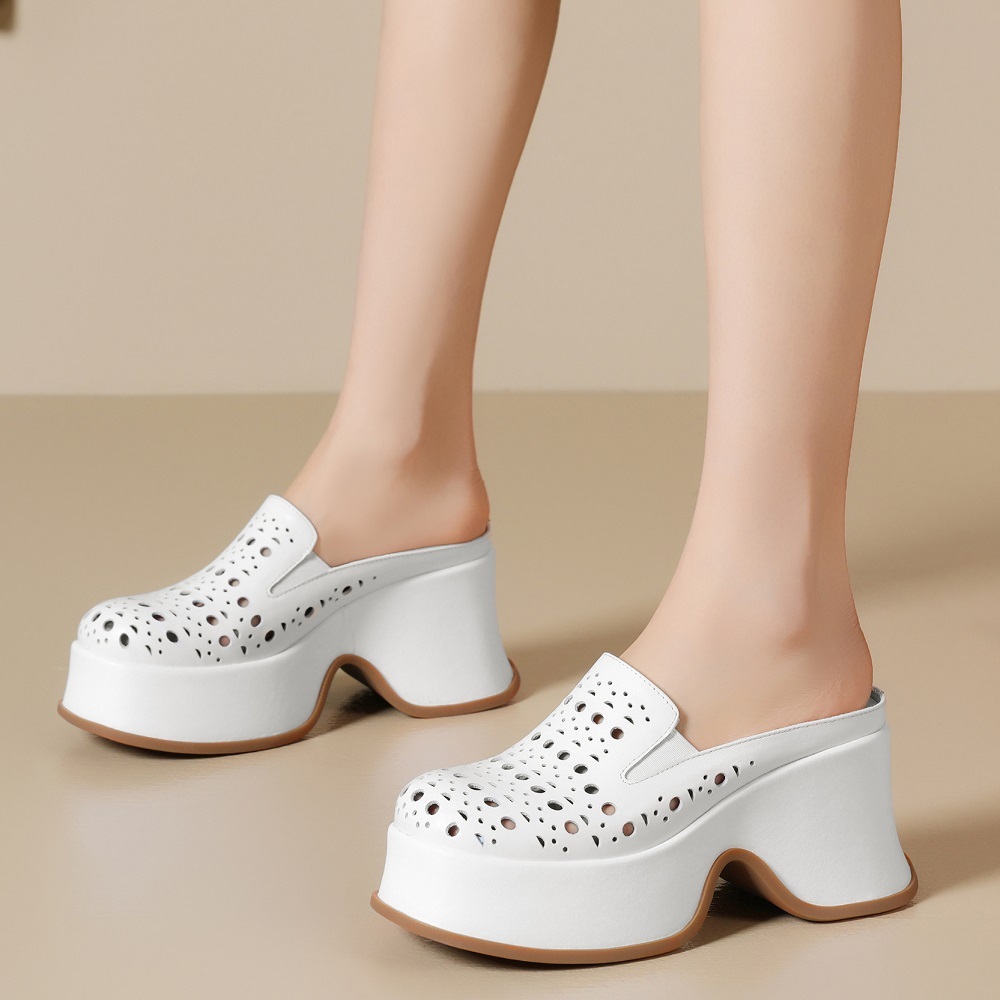 Women's Summer Fashion 9 CM Wedges Thick Platform Cut Out Breathable Closed The Toe Genuine Leather Mule Sandals Retro Open Back Slippers 60309