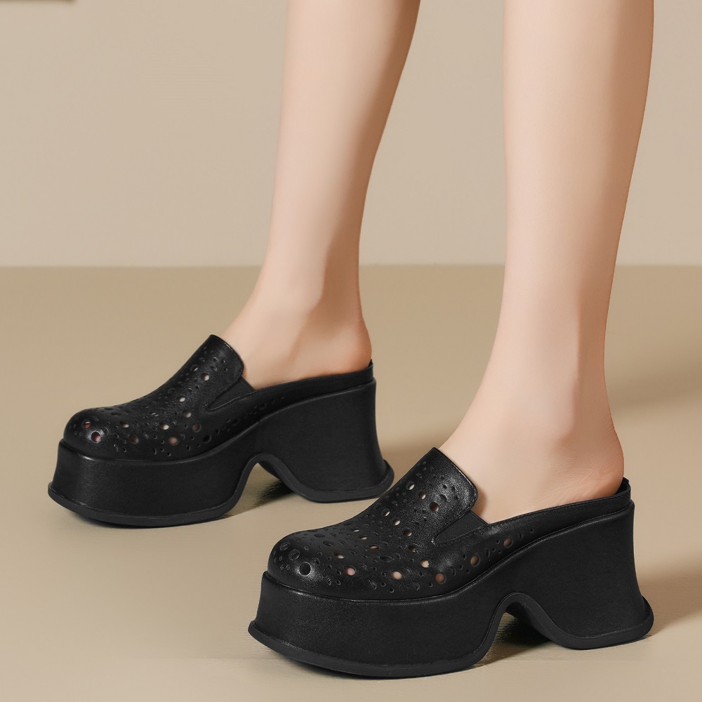 Women's Summer Fashion 9 CM Wedges Thick Platform Cut Out Breathable Closed The Toe Genuine Leather Mule Sandals Retro Open Back Slippers 60309
