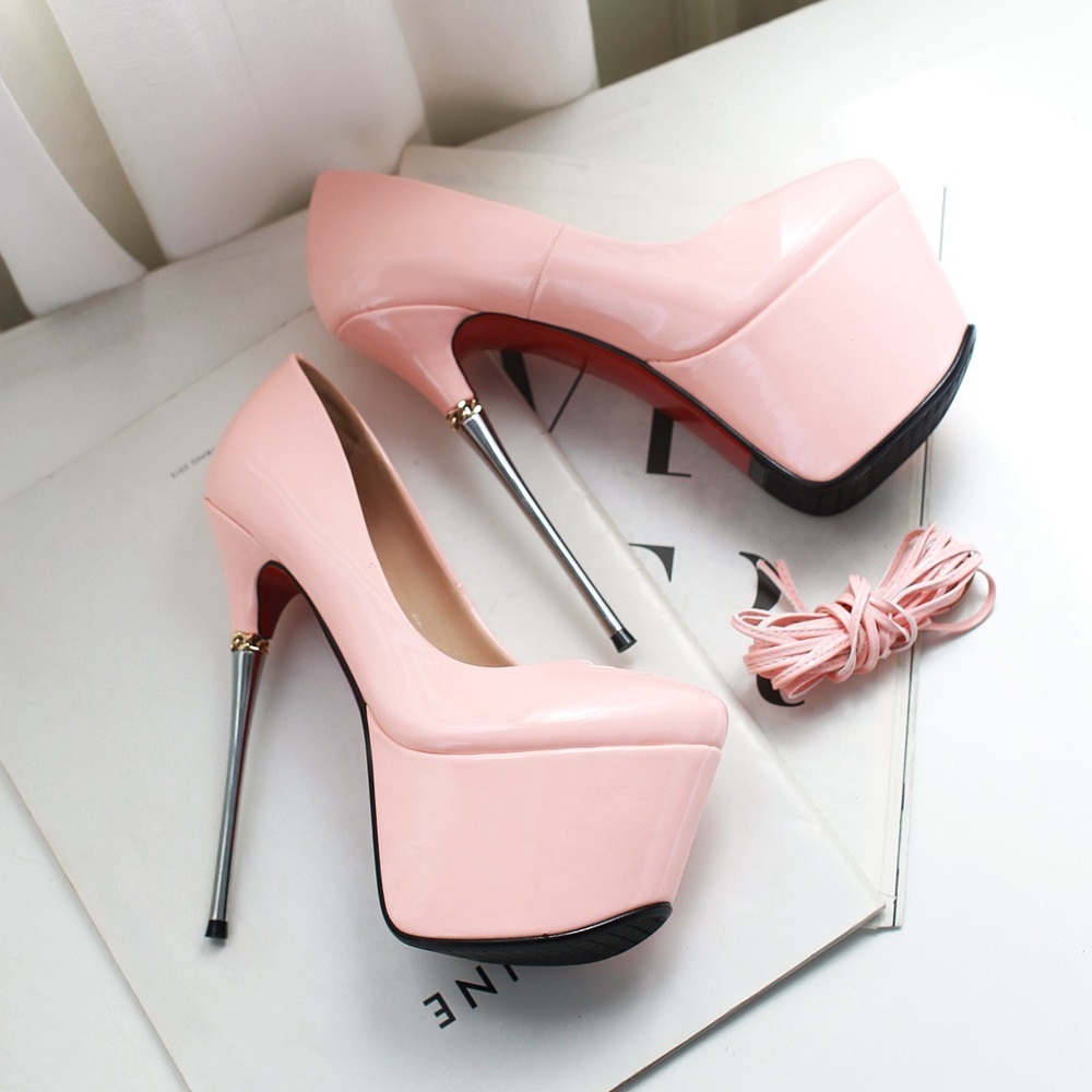 Summer Fashion Plus Size 42 43 Women Patent Leather Platform 16 CM Super High Heels Pumps Ladies Pointed Toe Shallow Cross-tied Shoes 60309