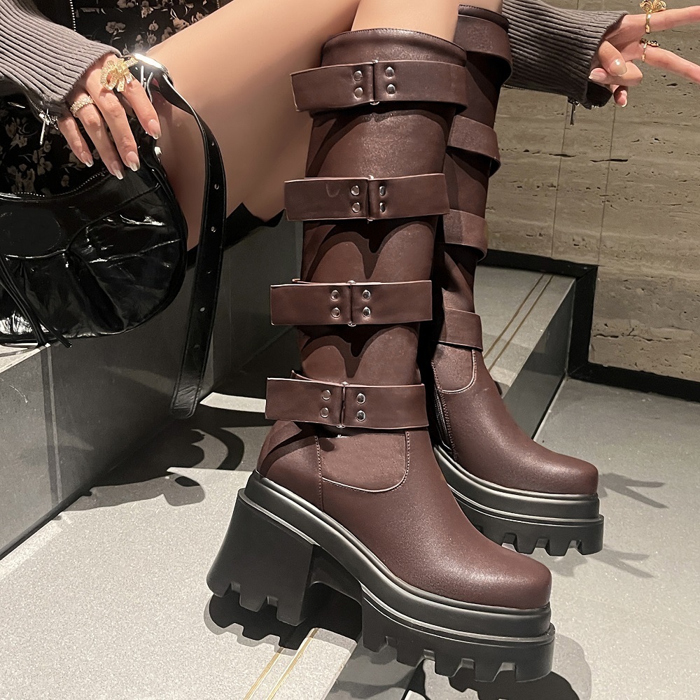 Spring Autumn New Punk 9 CM High Heels Square Toe Platform Belt Buckle Cow Leather Women Knee-High Equestrian Boots Winter Plush 60309