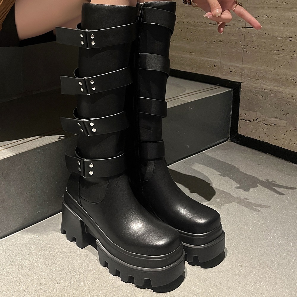 Spring Autumn New Punk 9 CM High Heels Square Toe Platform Belt Buckle Cow Leather Women Knee-High Equestrian Boots Winter Plush 60309
