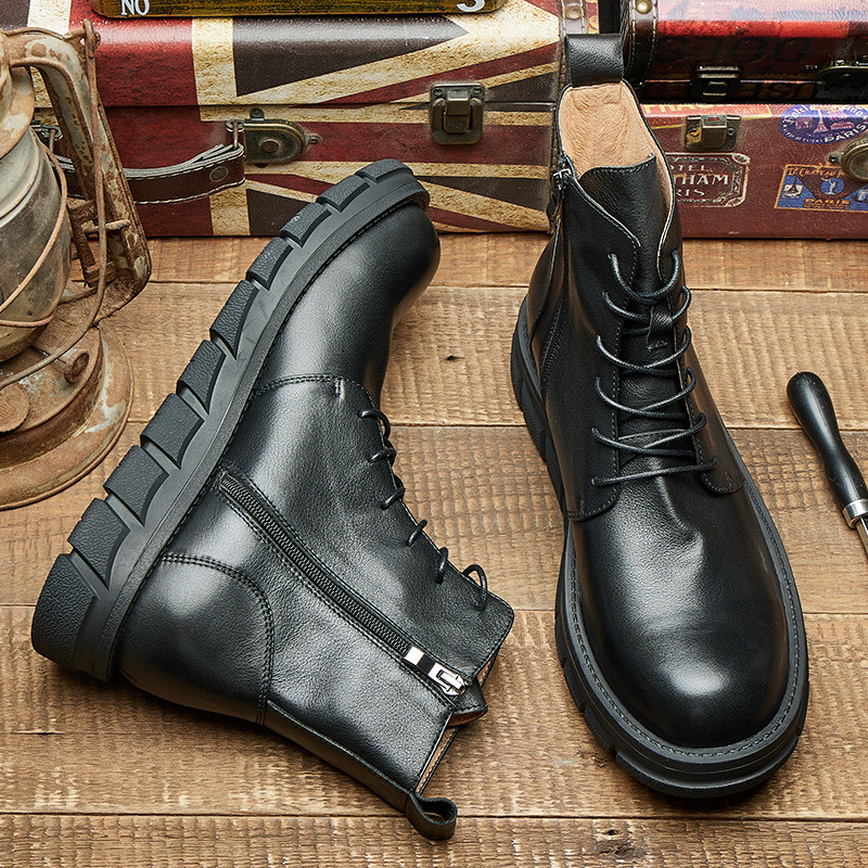 Spring Autumn New British Style Retro Chunky Bottom Cross-tied Sewing Full Grain Leather Side Zipper Men High Top Motorcycle Boots 60310