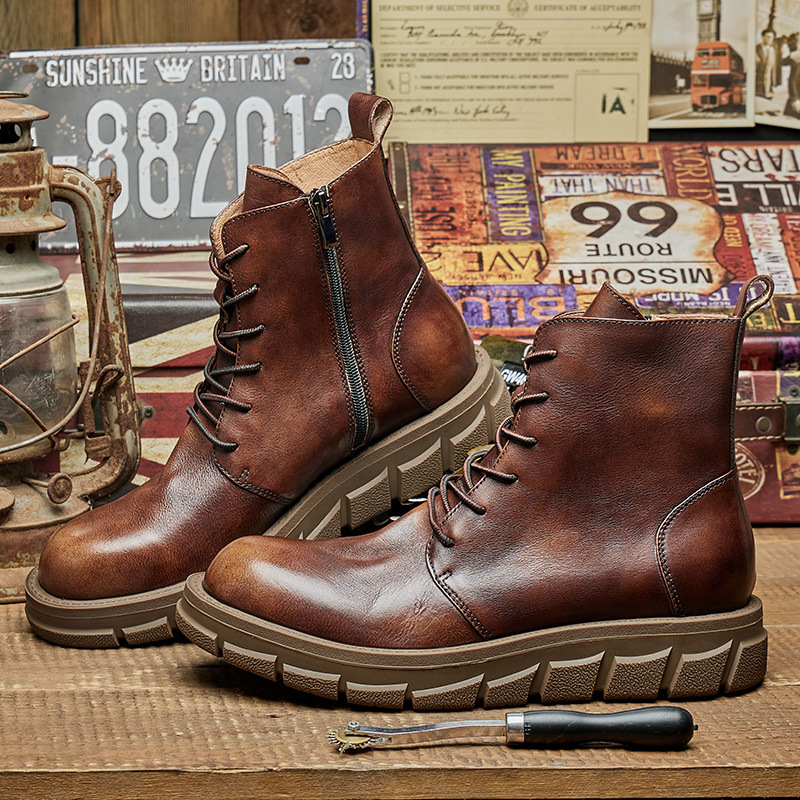 Spring Autumn New British Style Retro Chunky Bottom Cross-tied Sewing Full Grain Leather Side Zipper Men High Top Motorcycle Boots 60310