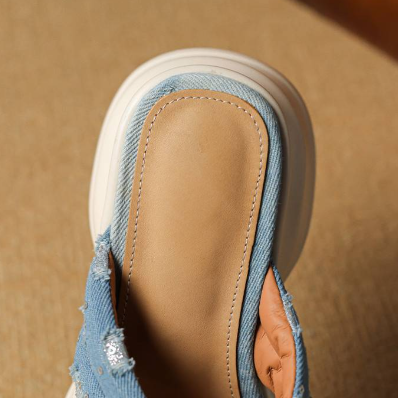 Women's Summer Fashion Denim Blue Slim 8 CM Chunky Heel Platform Wedge Bling Open Toe Cross Strap Gladiator Modern Slide Slippers 60310