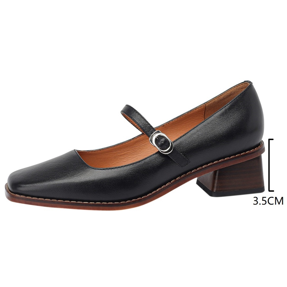 Women's Spring Summer New Square Toe Strap Genuine Leather Shallow Mouth Retro French Style 3.5 CM Block Heel Gentle High Heel Shoes 60311