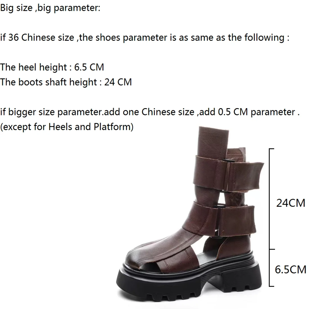 Women's New Slim Fit 6.5 CM Chunky Heel Genuine Leather Cut Out Hook & Loop Retro Gladiator Concise Mid-Calf Summer Boots 60311