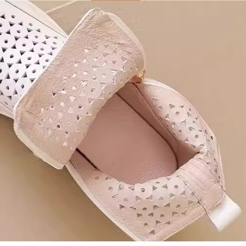 Women's Spring Summer Slim 5.5 CM Height Increasing Genuine Leather Cut Out Wedge Platform Double Zipper Breathable Ankle Boots 60311