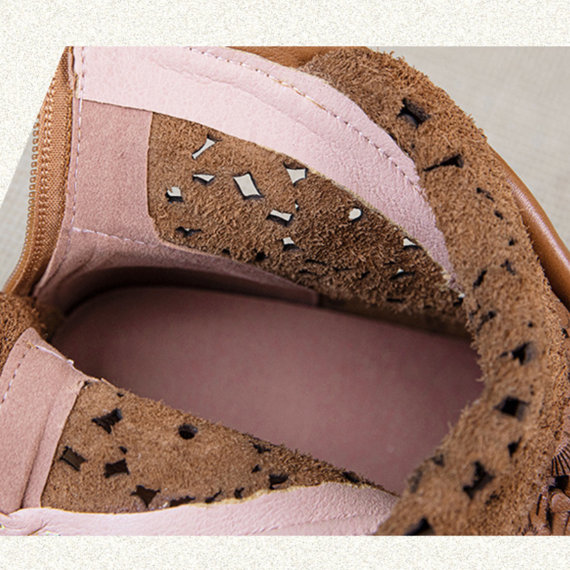 Women's Spring Summer Slim 7.5 CM Chunky Heel Genuine Leather Platform Back Zipper Floral Brogue Cut Out  Retro Chinese Style Ankle Boots 60311