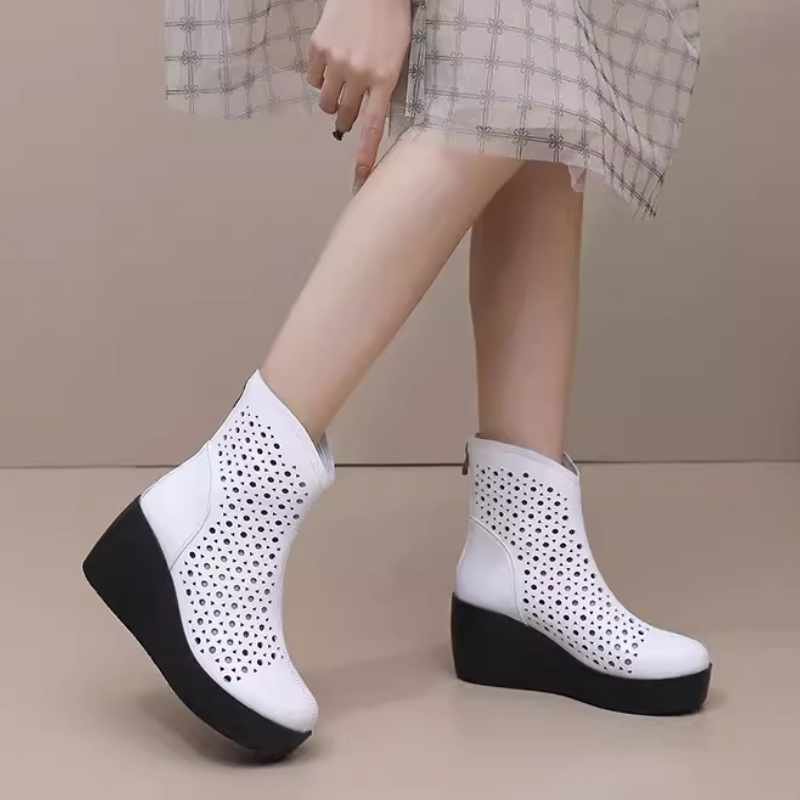 Women's Spring Summer Slim 7 CM Height Increasing Wedges Genuine Leather Cut Out V-Cut Platform Breathable Zipper Ankle Boots 60311