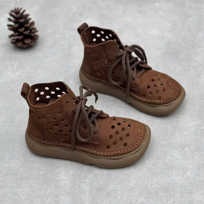 Women's Summer New Slim Fit 3 CM Thick Sole Genuine Leather Hollow Cut Out Square Toe Lace-Up Platform Retro Casual Ankle Boots 60311