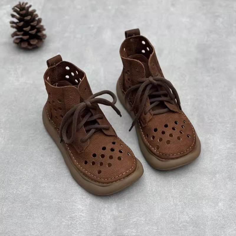 Women's Summer New Slim Fit 3 CM Thick Sole Genuine Leather Hollow Cut Out Square Toe Lace-Up Platform Retro Casual Ankle Boots 60311