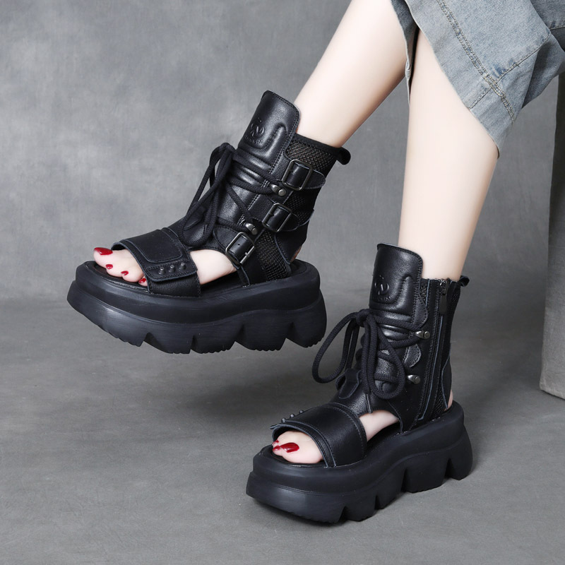 Women's 7 CM Thick Sole Slim Genuine Leather Open Toe Slingbacks Metal Platform Buckle Lace Up Punk Zipper Cut Out Summer Knight Boots 60311