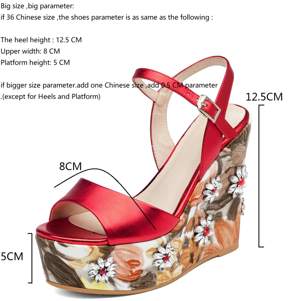 Women's Summer Slim 12.5 CM Wedge Heel Genuine Leather Printed Crystals Floral Peep Toe Ankle Strap Open Back Platform Gladiator Sandals 60311