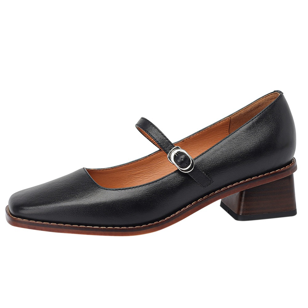 Women's Spring Summer New Square Toe Strap Genuine Leather Shallow Mouth Retro French Style 3.5 CM Block Heel Gentle High Heel Shoes 60311