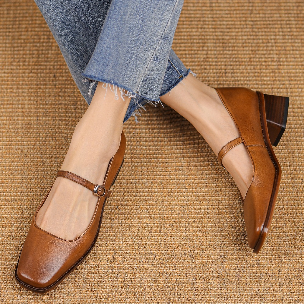 Women's Spring Summer New Square Toe Strap Genuine Leather Shallow Mouth Retro French Style 3.5 CM Block Heel Gentle High Heel Shoes 60311
