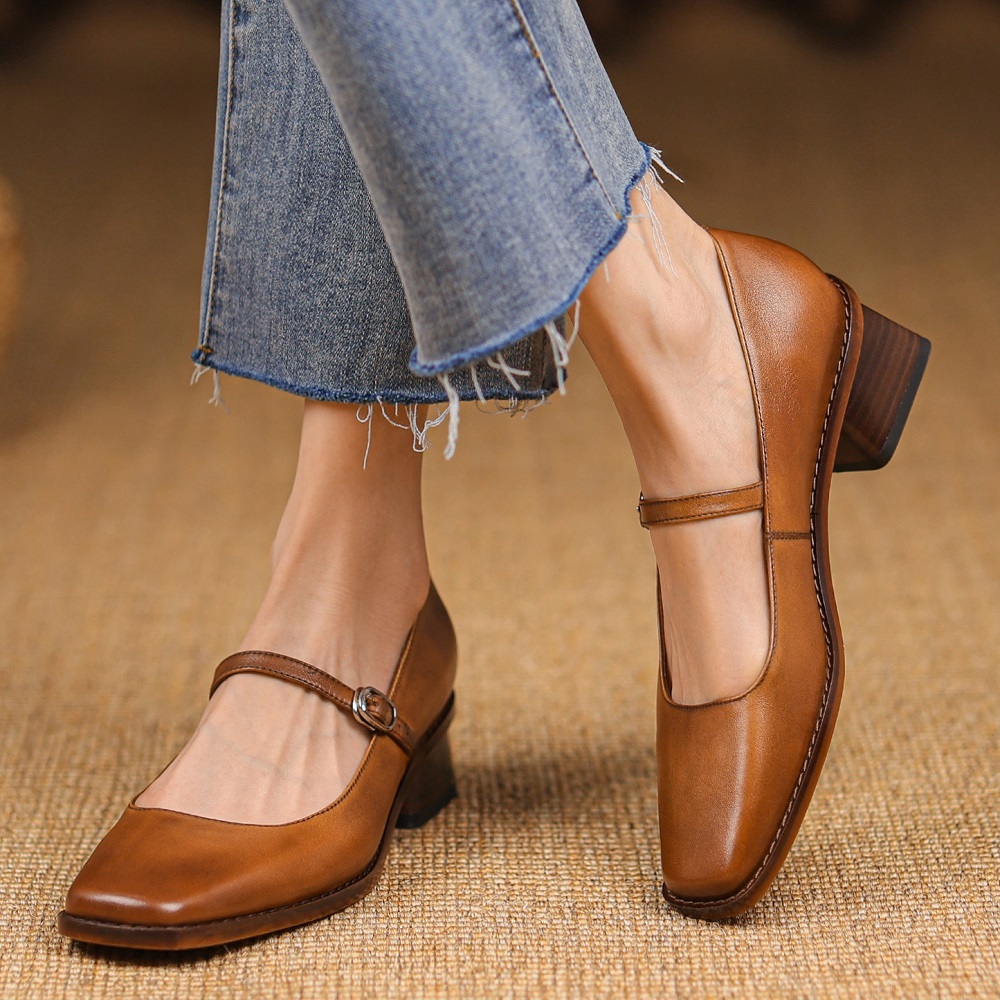 Women's Spring Summer New Square Toe Strap Genuine Leather Shallow Mouth Retro French Style 3.5 CM Block Heel Gentle High Heel Shoes 60311
