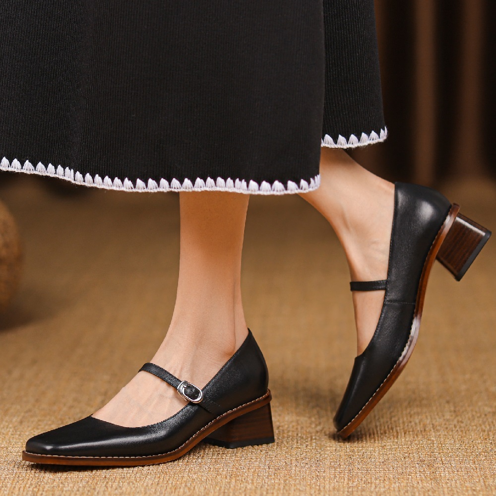 Women's Spring Summer New Square Toe Strap Genuine Leather Shallow Mouth Retro French Style 3.5 CM Block Heel Gentle High Heel Shoes 60311