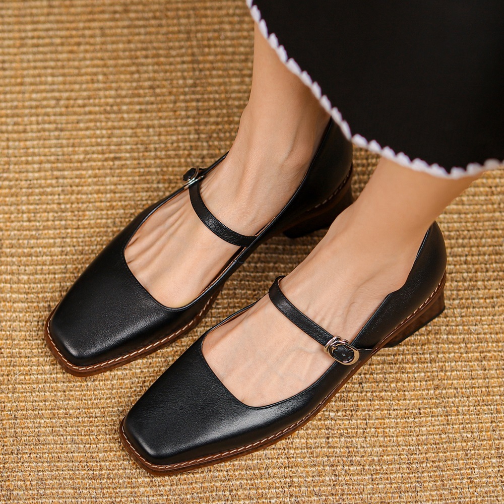 Women's Spring Summer New Square Toe Strap Genuine Leather Shallow Mouth Retro French Style 3.5 CM Block Heel Gentle High Heel Shoes 60311