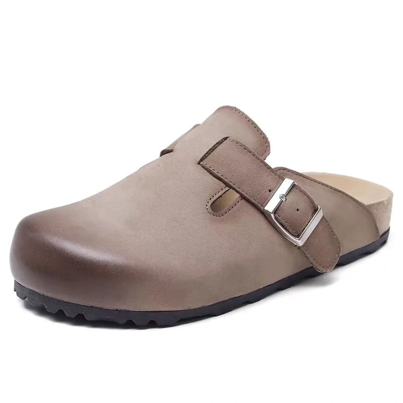 Women's Summer New Slim Fit 2.5 CM Platform Genuine Leather Round Toe Burnished Metal Buckle Flat Slip On Casual Slippers 50603