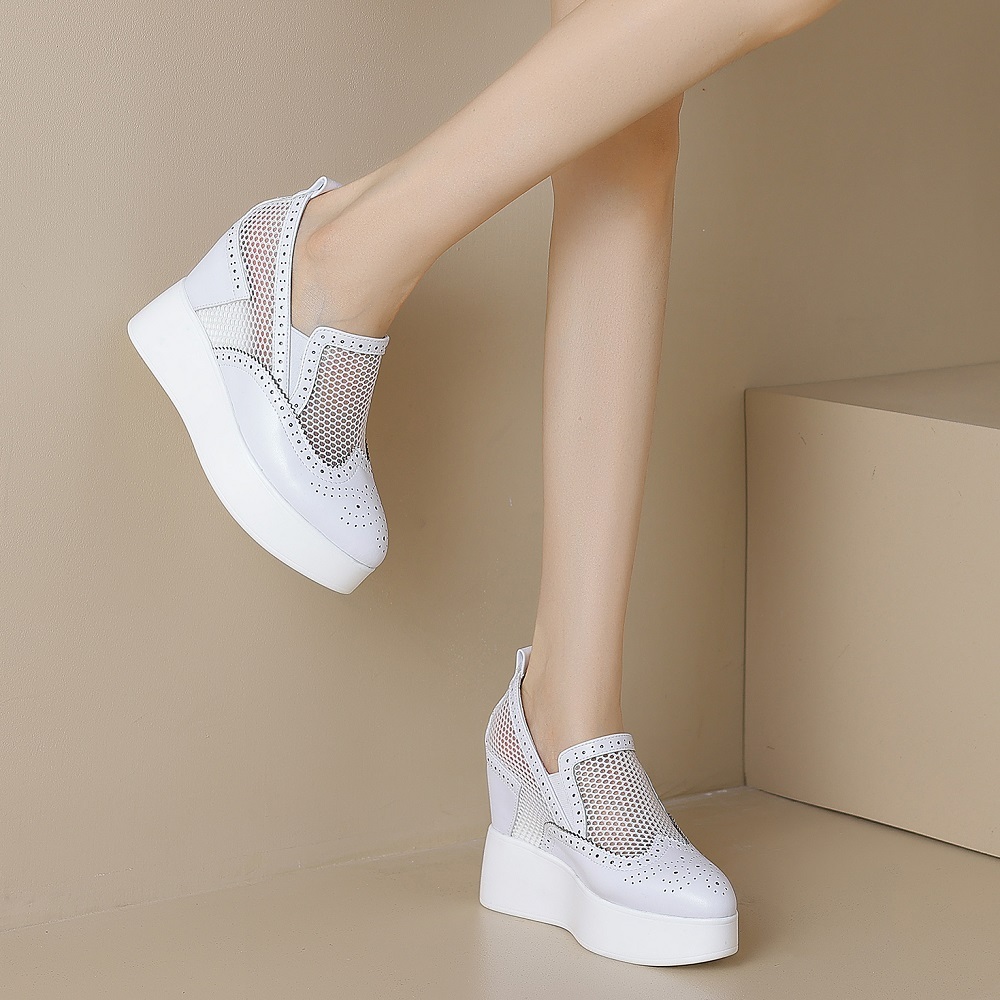 Women's Summer Fashion Slim 11 CM Hidden Height Pointed Toe Slip On Genuine Leather & Mesh Hollow Out Bright Color Shoes 60312