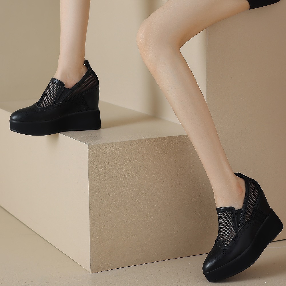 Women's Summer Fashion Slim 11 CM Hidden Height Pointed Toe Slip On Genuine Leather & Mesh Hollow Out Bright Color Shoes 60312