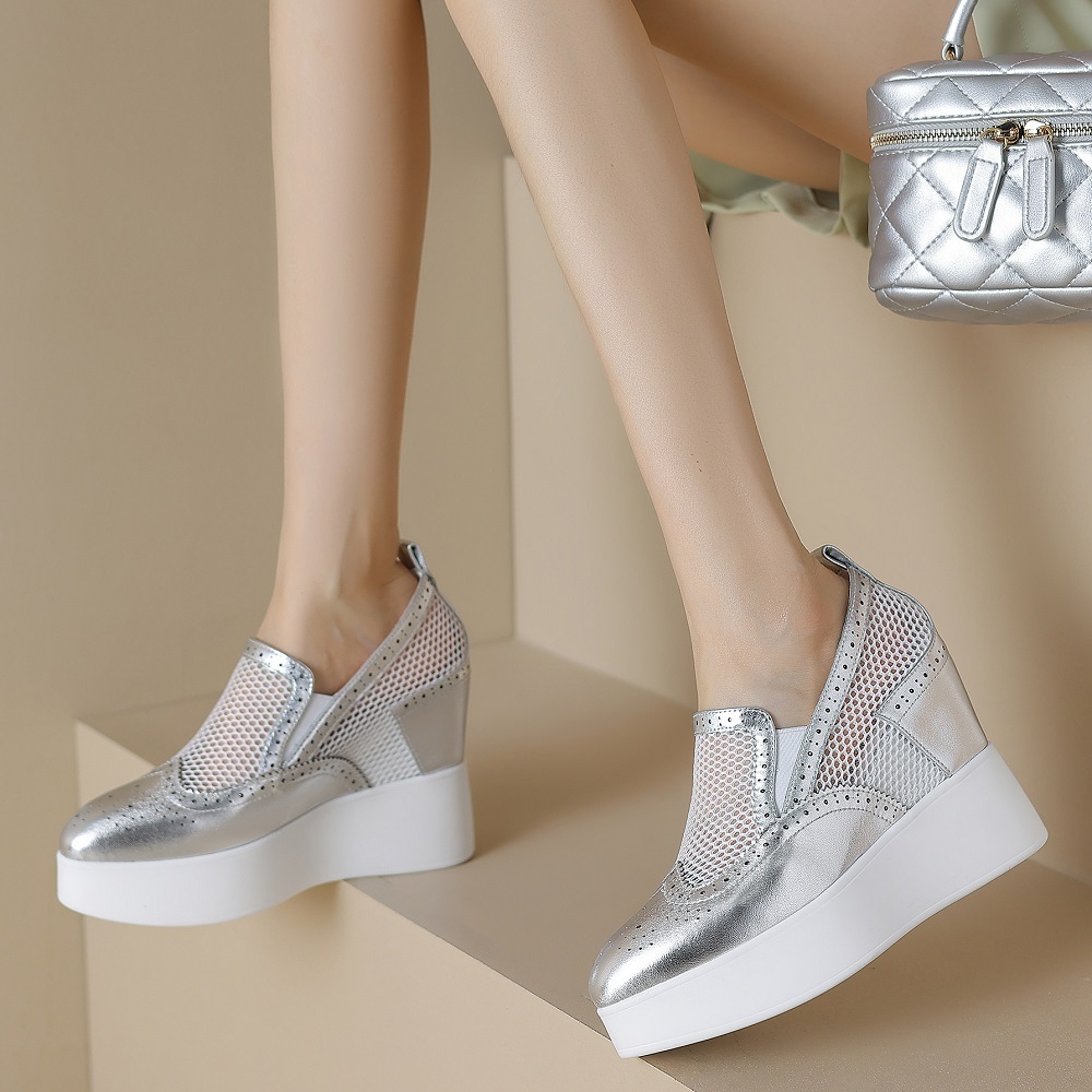 Women's Summer Fashion Slim 11 CM Hidden Height Pointed Toe Slip On Genuine Leather & Mesh Hollow Out Bright Color Shoes 60312