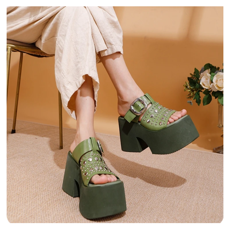 Women's Summer New 11 CM Chunky Heel Genuine Leather Open-Toe Gladiator Rivets Metal Buckle Platform Wedge Sturdy Slippers 60312