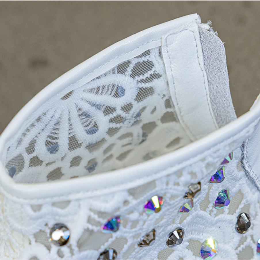 Women's Summer New Slim Fit 5 CM Heel Mesh Genuine Leather Embroidery Wedge Bling Crystals Back Zipper Platform Casual Shoes 60312