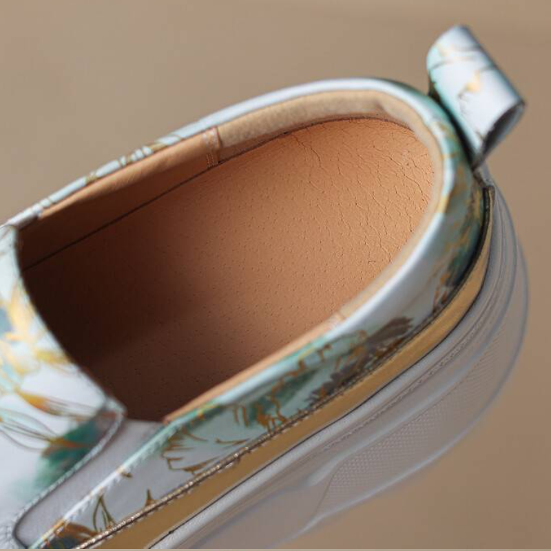 Women's Summer New Slim 8 CM Thick Sole Genuine Leather Printed Floral Loafers Shoes Round Toe Slip On Color Block Platform Shoes 60312