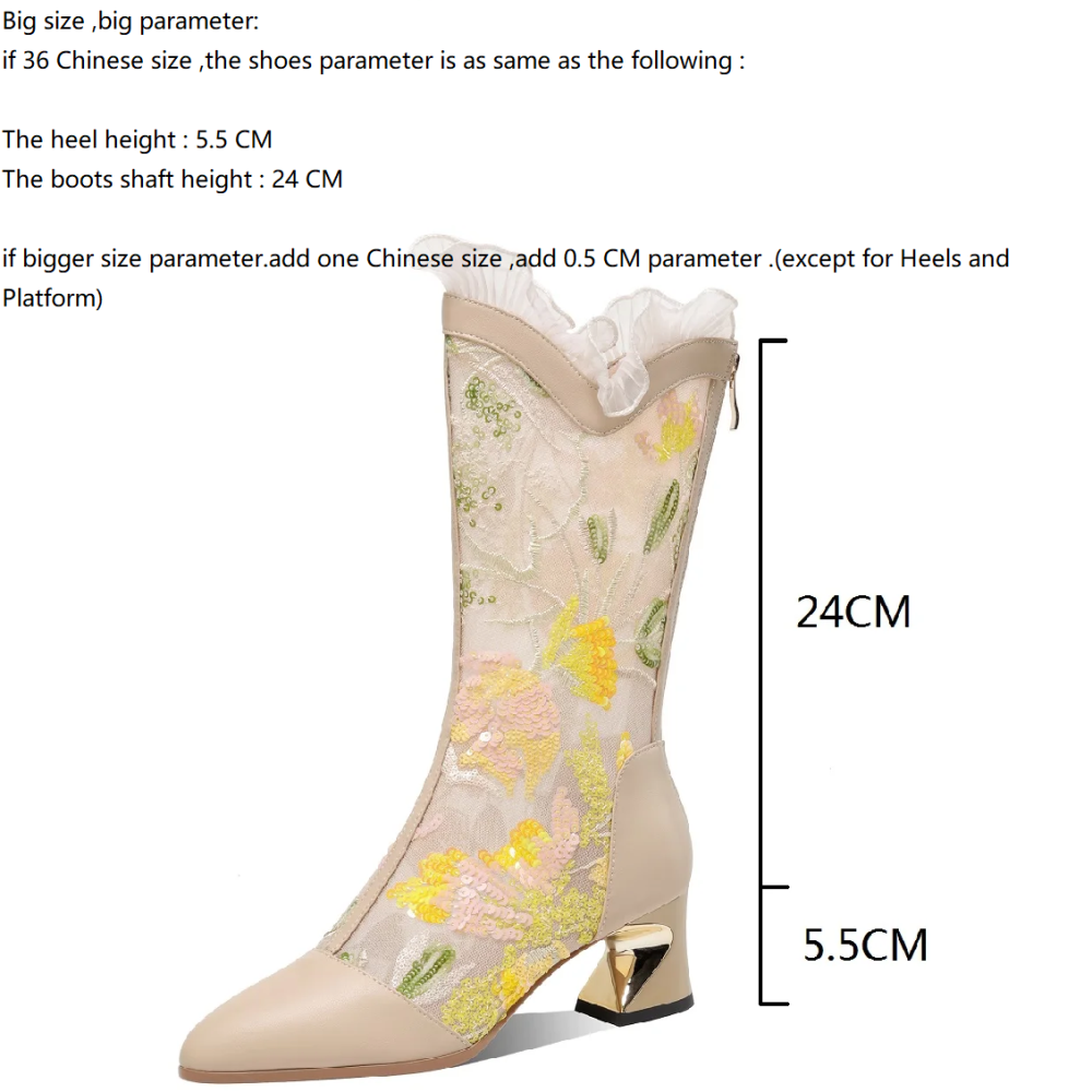 Women's Spring Summer 5.5 CM Chunky Heel Genuine Leather & Mesh Embroidery Sequins Lace Crystal Zipper Plus Size Half Boots 60312