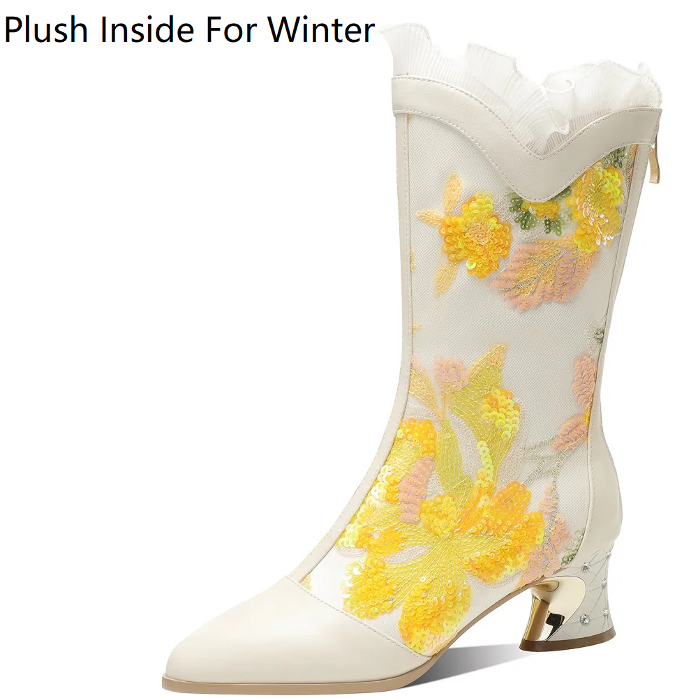 Women Spring 5.5 CM Chunky Heel Winter Short Plush Crystals Genuine Leather Embroidered Sequins Zipper Pointed Toe Lace Side Plus Size 43 Mid-Calf Boots 60312
