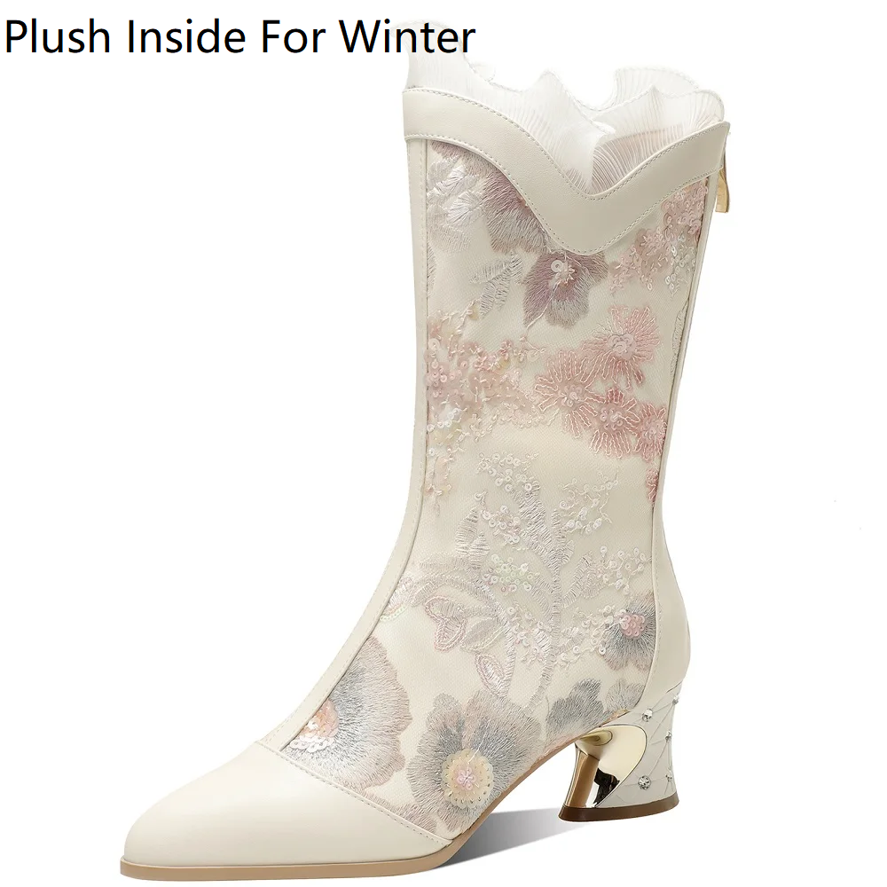 Women Spring 5.5 CM Chunky Heel Winter Short Plush Crystals Genuine Leather Embroidered Sequins Zipper Pointed Toe Lace Side Plus Size 43 Mid-Calf Boots 60312