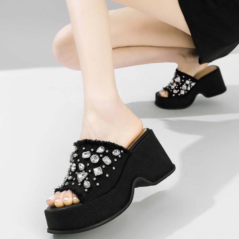 Women's Summer New Slim 9 CM Chunky Heel Denim Crystals Versatile Beach Sandals Open Toe Wedge Platform Fashion Slippers 60312