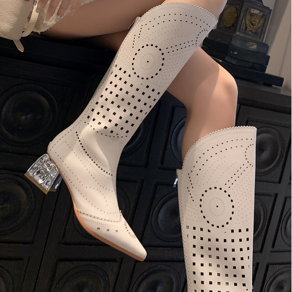 Women's Spring Summer Fashion Slim 5.5 CM Chunky Heel Pointed Toe Genuine Leather Cut Out Crystals Zipper Knee High Boots 60312