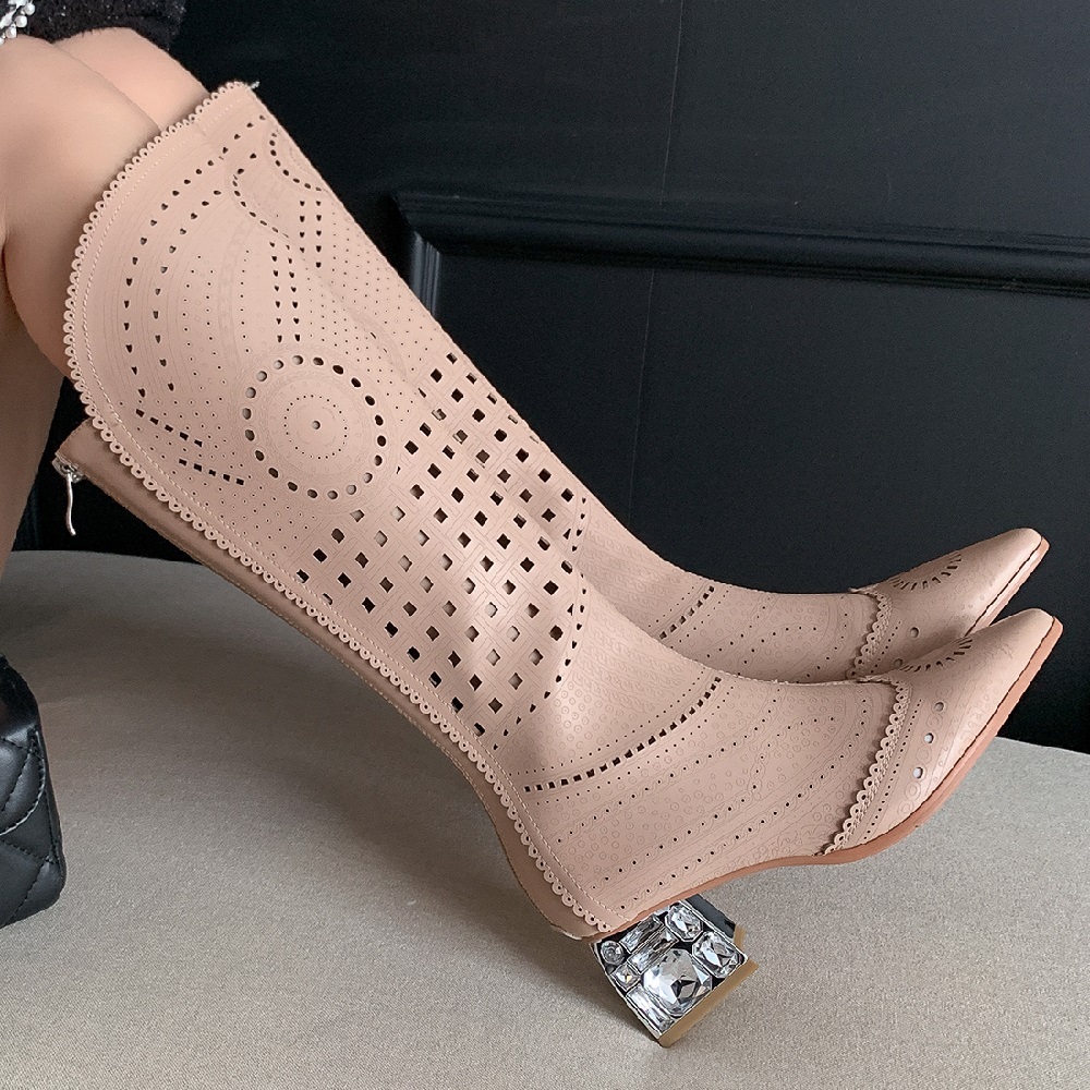Women's Spring Summer Fashion Slim 5.5 CM Chunky Heel Pointed Toe Genuine Leather Cut Out Crystals Zipper Knee High Boots 60312