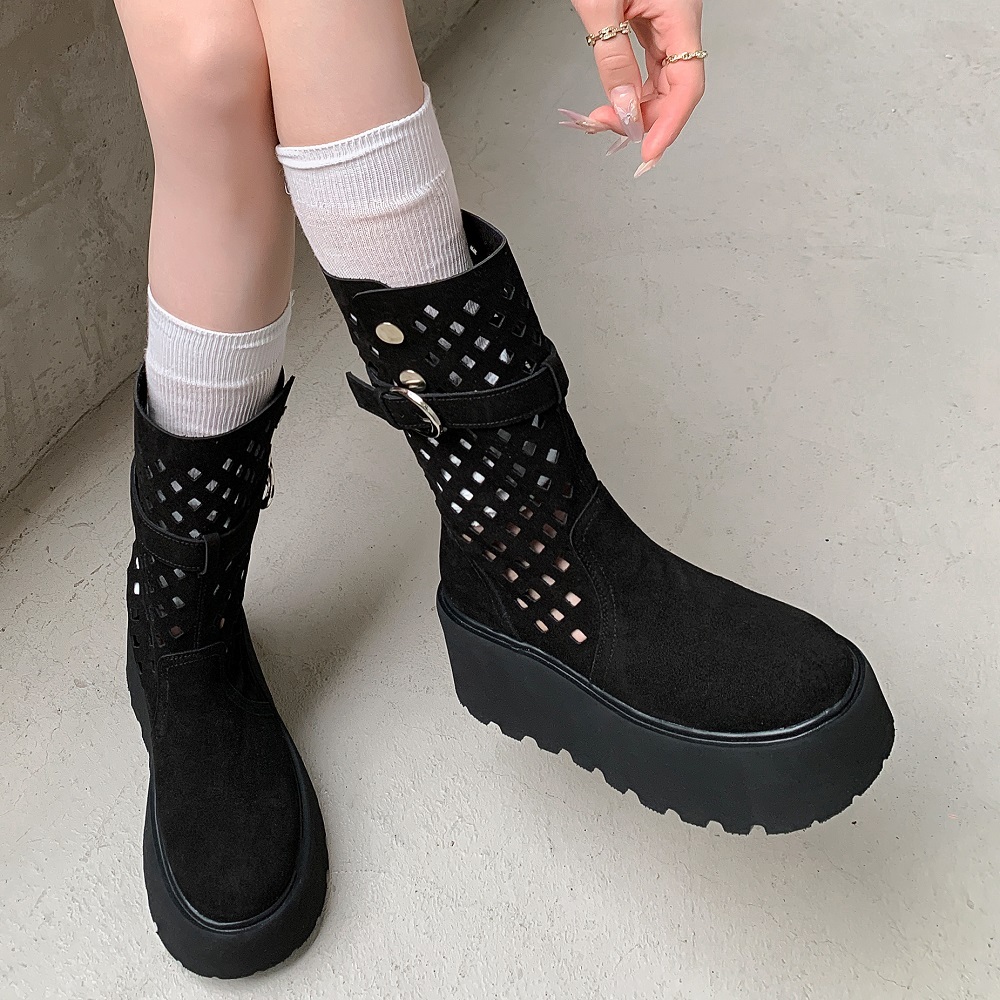 Women's Spring Autumn Fashion 7 CM Thick Sole Platform Cow Suede Cut Out Belt Buckle Rivets Korean Style Slip On Mid-Calf Boots 60312
