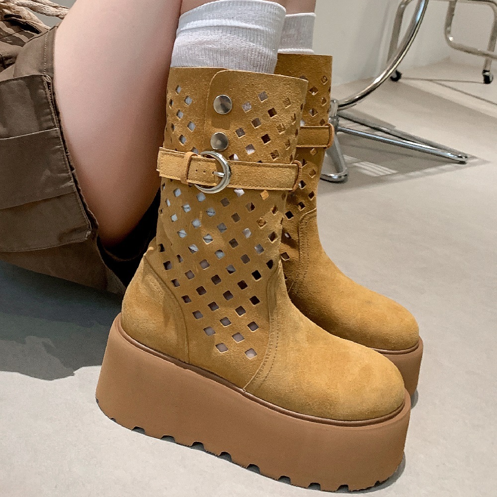 Women's Spring Autumn Fashion 7 CM Thick Sole Platform Cow Suede Cut Out Belt Buckle Rivets Korean Style Slip On Mid-Calf Boots 60312