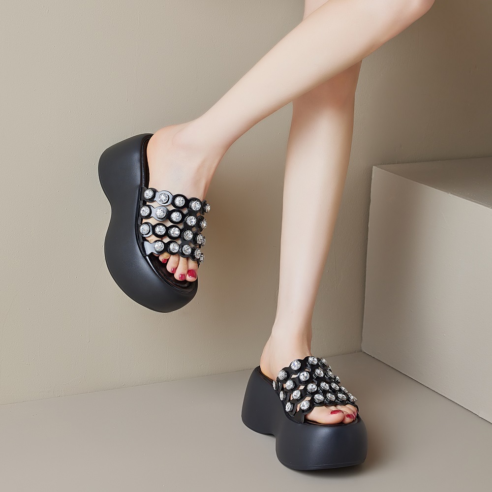 Women's Summer Fashion Slim 8 CM Thick Sole Genuine Leather Open Toe Platform Cut Out Crystals Gladiator Comfort Slippers 60312