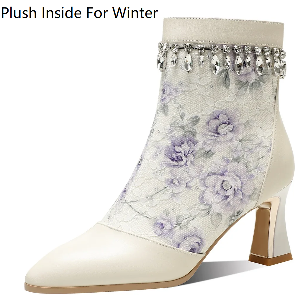 Women's Spring Autumn Slim 6 CM Stiletto Heel Genuine Leather Crystals Embroidery Pointed Toe Zipper Plus Size Ankle Boots 60313