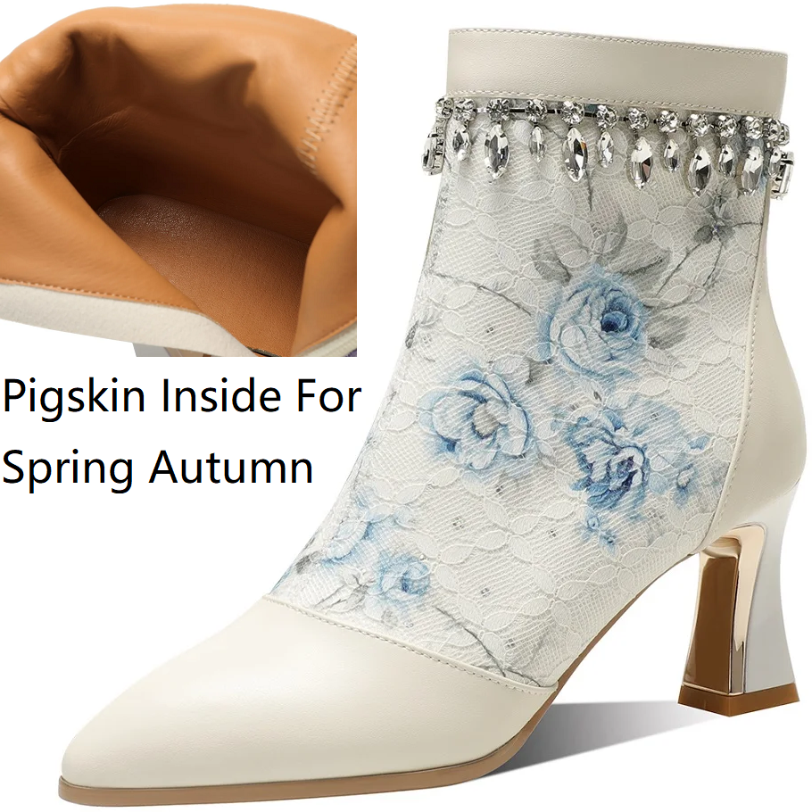 Women's Spring Autumn Slim 6 CM Stiletto Heel Genuine Leather Crystals Embroidery Pointed Toe Zipper Plus Size Ankle Boots 60313