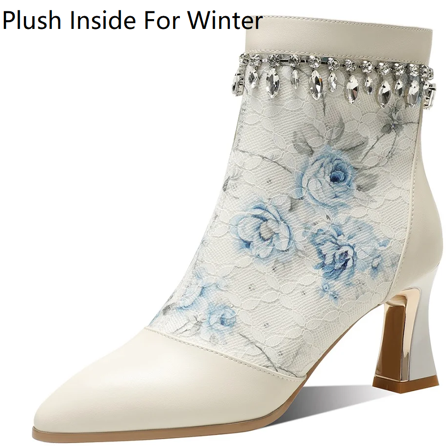 Women's Spring Autumn Slim 6 CM Stiletto Heel Genuine Leather Crystals Embroidery Pointed Toe Zipper Plus Size Ankle Boots 60313