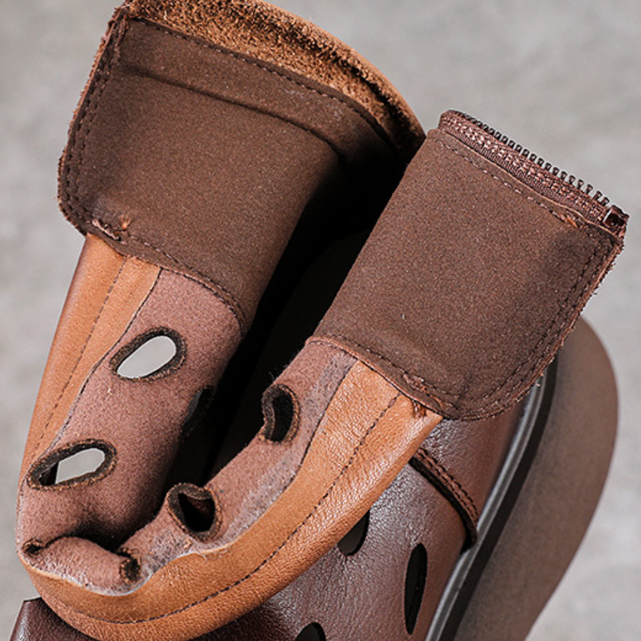 Women's Spring Summer Slim 5 CM Thick Sole Genuine Leather Round Toe Cut Out Zipper Platform Retro British Style Solid Color Ankle Boots 60313