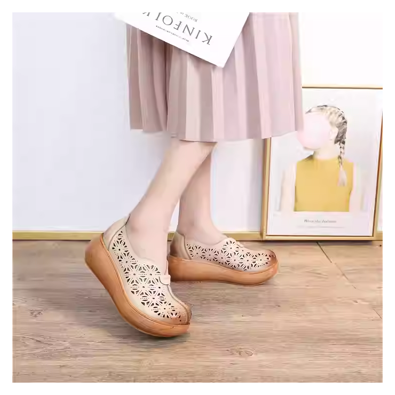 Women's Summer New Slim Wedge Genuine Leather Cut-Out Slip On Platform Soft-Soled Shallow Mouth Bohemian Vintage Sandals 60313
