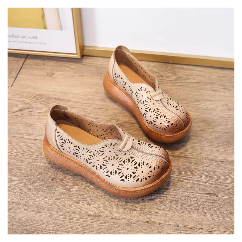Women's Summer New Slim Wedge Genuine Leather Cut-Out Slip On Platform Soft-Soled Shallow Mouth Bohemian Vintage Sandals 60313