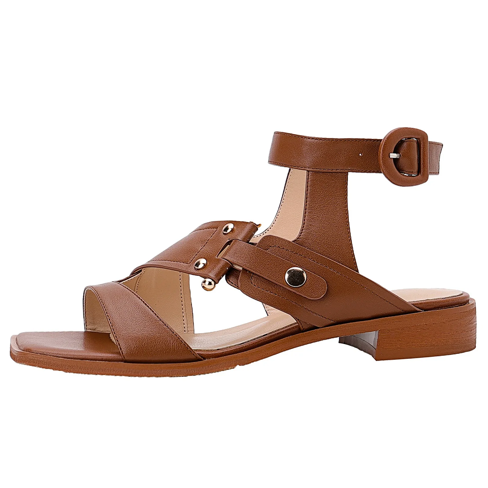Women's Summer New 2.5 CM Square Heel Genuine Leather Rivets Square Toe Open-Toe Cut Out Backless Buckle Strap Gladiator Sandals 60313