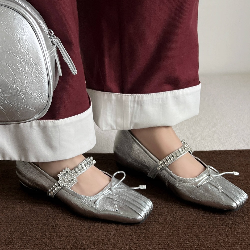 Women's New Summer Spring Autumn Bright Color Genuine Leather Ruched Crystals Bowknot One-Strap Pleated Shallow Mouth Fashion Casual Shoes 60313