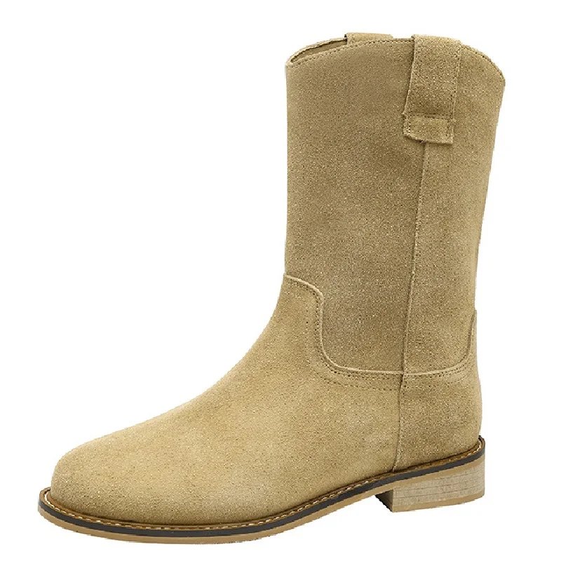 Spring Autumn New European America Style Retro 3 CM Thick Heels Round Toe Sewing Genuine Leather Slip On Women Mid-Calf Half  Boots 60313